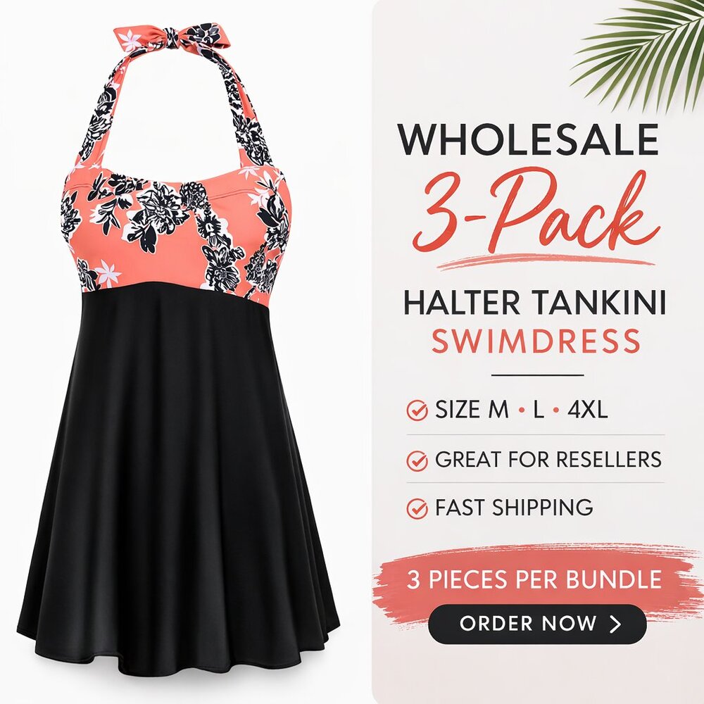 Halter Tankini Swimdress 3-Pack Wholesale Bundle M L 4XL Floral Swimwear 1-Piece